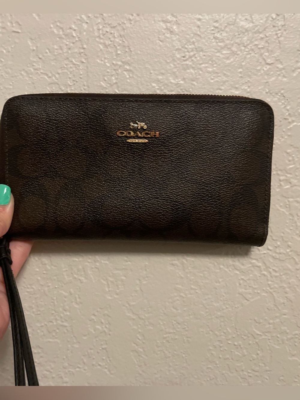 Coach Dark Brown Signature Zip Wristlet with Gold Logo